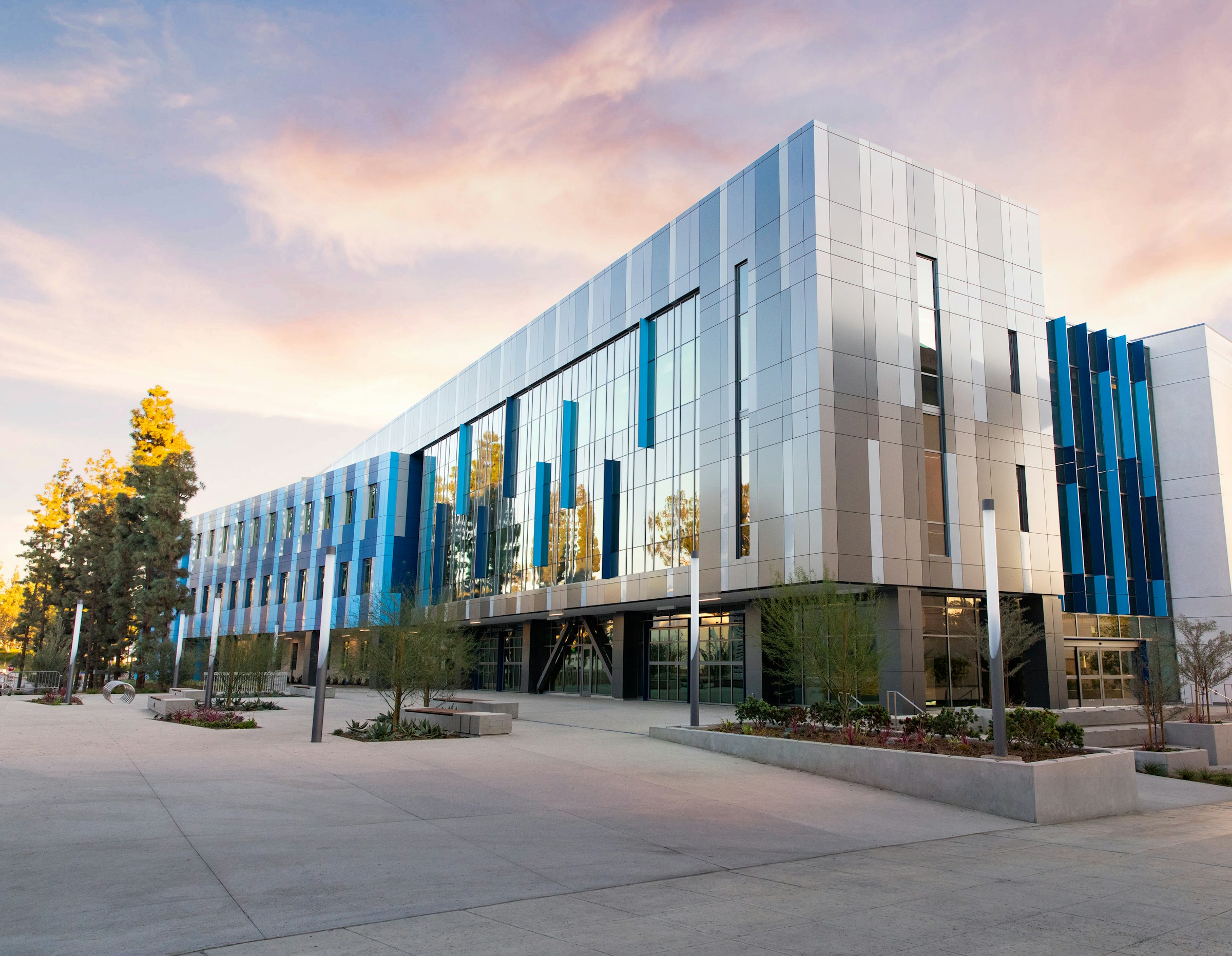 Contemporary commercial architecture with clean lines and expansive glazing